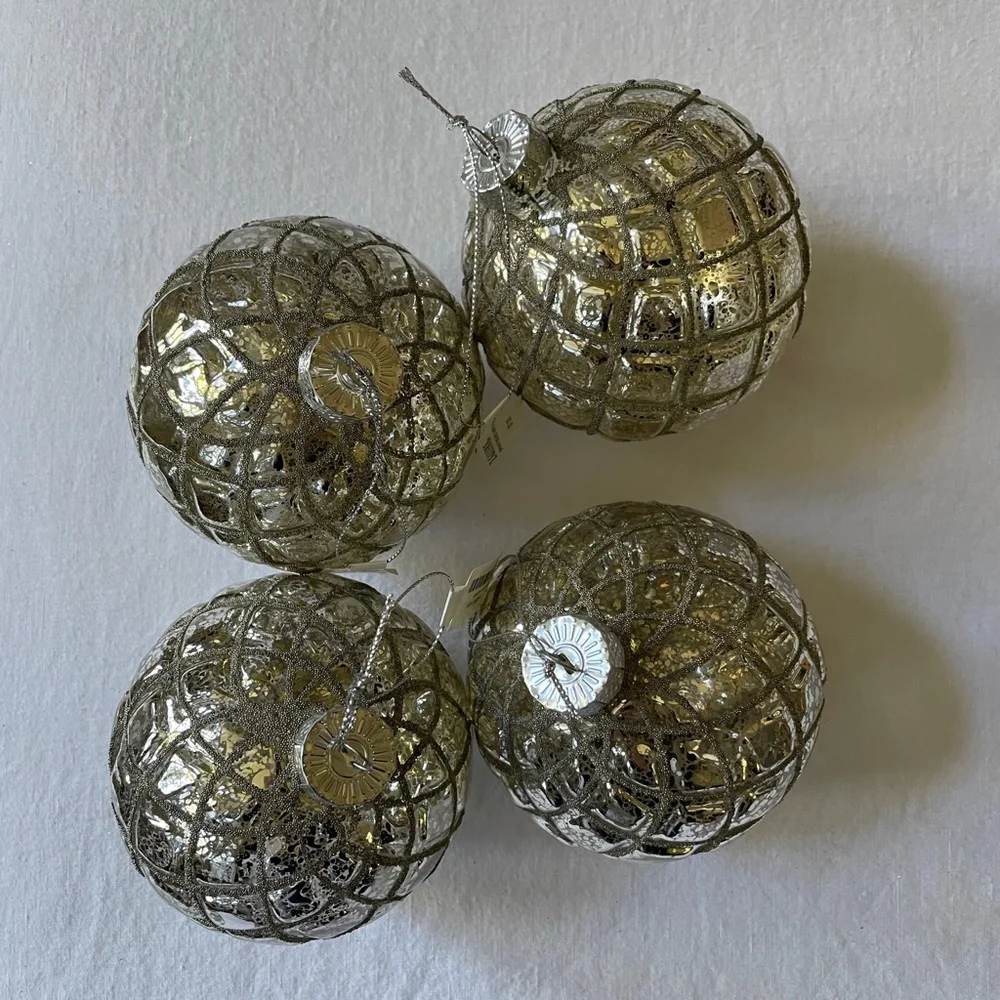 Z GALLERIE BEADED MERCURY GLASS BALL ORNAMENTS (SET OF 4)